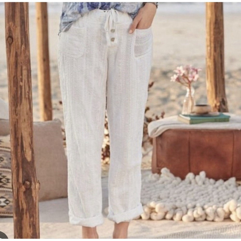 Sundance Gigi Wide Leg Pants Size L White Eyelet Drawstring Lined Cotton *READ*